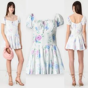 Hollister Sofia White Floral Drop Waist Bubble Skirt Mini Dress Women M New NWT